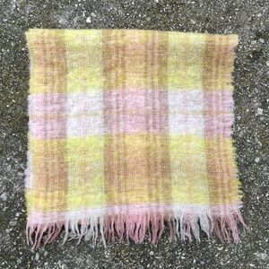 Vintage Mohair Wool Plaid Pink and Yellow Winter Scarf